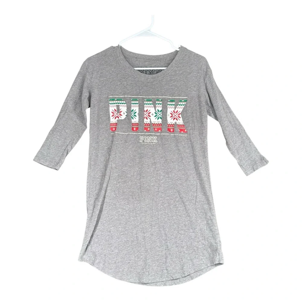 PINK Victoria’s Secret XS Gray Logo Sleep Shirt Pajama Sweater Print‎ Christmas